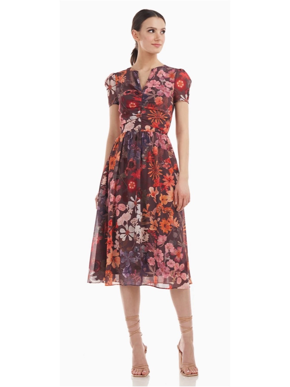 Floral Midi Dress with Notch Neck - Red Multi